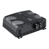 Rear angled view of an Audiopipe amplifier with three power terminals and a fan opening