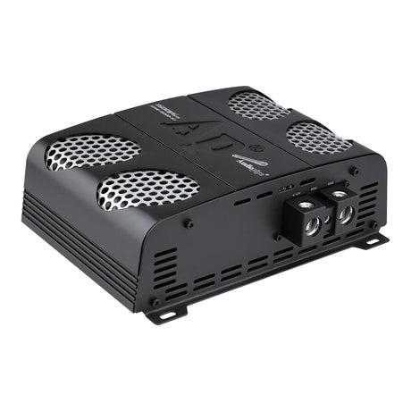 Rear angled view of an Audiopipe amplifier with three power terminals and a fan opening