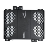 Top view of an Audiopipe amplifier with four silver mesh vent panels