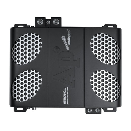 Top view of an Audiopipe amplifier with four silver mesh vent panels