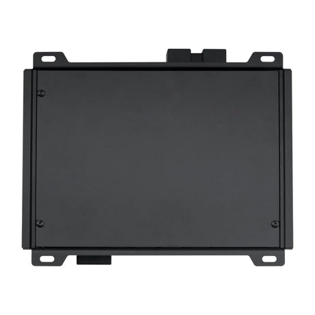 Underside of black amplifier showing its flat base plate and screws