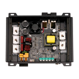 Open amplifier housing showing the circuit board, capacitors, coils, heat sinks and fan