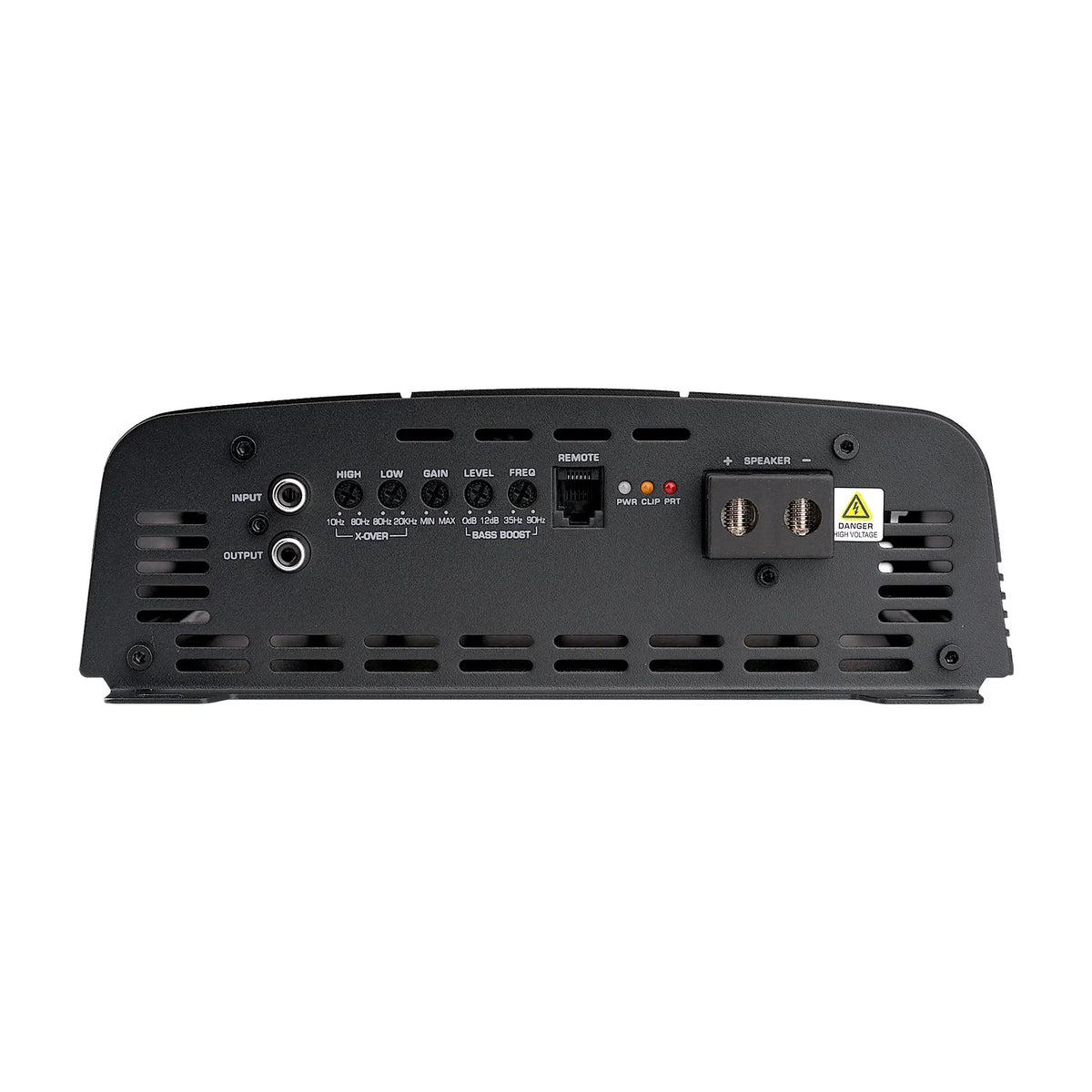 Amplifier signal panel with RCA inputs, controls, remote socket and speaker terminals