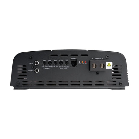 Amplifier signal panel with RCA inputs, controls, remote socket and speaker terminals