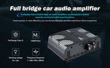 Audiopipe full-bridge amplifier graphic highlighting Class D operation, 1500 W maximum, working voltage and frequency response