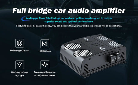 Audiopipe full-bridge amplifier graphic highlighting Class D operation, 1500 W maximum, working voltage and frequency response