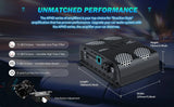 Audiopipe amplifier graphic showing 5.9 by 9 by 2.9-inch dimensions, adjustable filters, bass boost and protection circuitry
