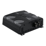Rear angled view of an Audiopipe amplifier with power terminals, a fan opening and silver mesh vents