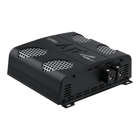 Rear angled view of an Audiopipe amplifier with power terminals, a fan opening and silver mesh vents