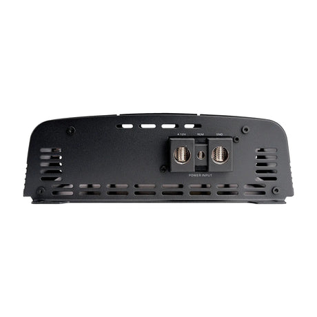 Audiopipe amplifier power connection panel showing three terminals and ventilation slots