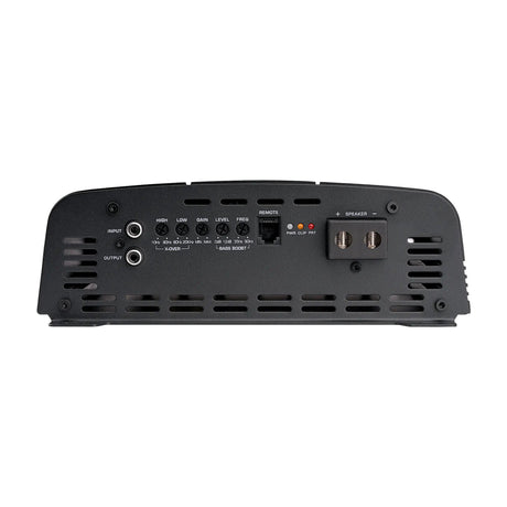 Audiopipe amplifier control panel with RCA sockets, adjustment knobs, a remote port, status lights and speaker terminals