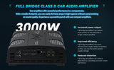 Audiopipe 3000 W full-bridge amplifier graphic describing output, efficiency and distortion benefits