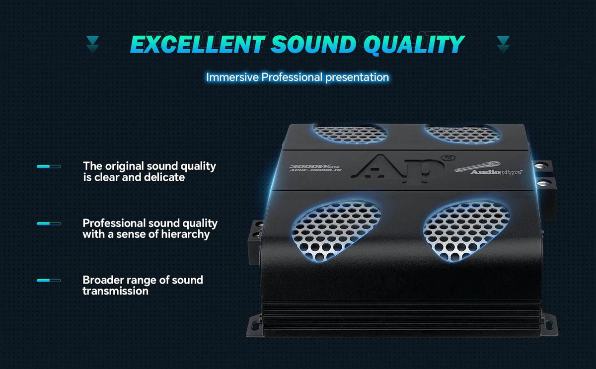 Audiopipe amplifier graphic emphasizing sound quality beside a top view with silver mesh vents