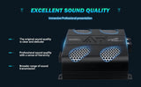Audiopipe amplifier graphic emphasizing sound quality beside a top view with silver mesh vents
