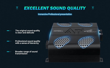 Audiopipe amplifier graphic emphasizing sound quality beside a top view with silver mesh vents