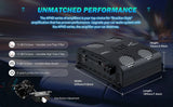 Audiopipe amplifier graphic showing 7.4 by 9 by 2.9-inch dimensions, adjustable filters, bass boost and protection circuitry