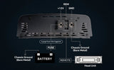 Amplifier power-wiring diagram showing fused battery power, chassis ground and head-unit remote connection