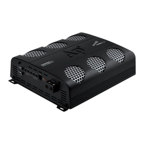 Angled front view of an Audiopipe amplifier with silver mesh vents and an input-control panel