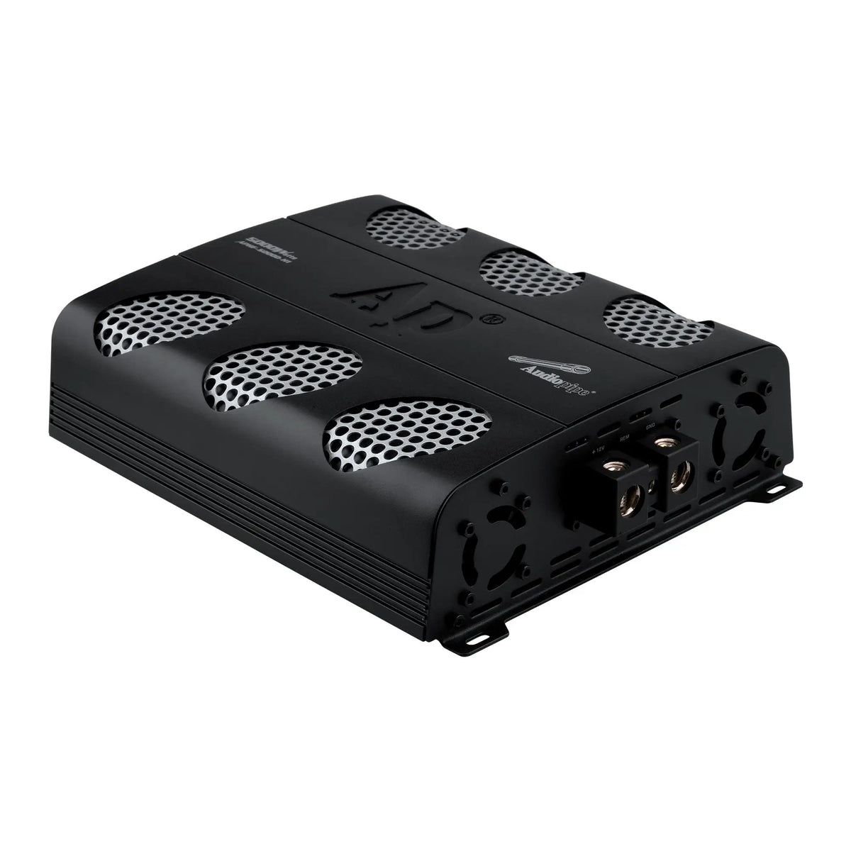Angled Audiopipe APHF-5000D-H1 amplifier with mesh vents, large power terminals and end fans