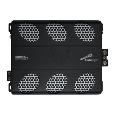 Top view of a black Audiopipe APHF-5000D-H1 amplifier with six silver mesh vents