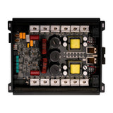 Audiopipe amplifier with cover removed, showing its circuit board and internal components