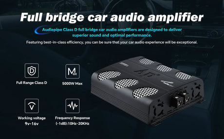 Audiopipe full-bridge amplifier graphic highlighting Class D operation, 5000 W maximum, working voltage and frequency response