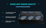 Audiopipe amplifier graphic emphasizing sound quality beside a top view with silver mesh vents