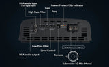 Audiopipe amplifier connection diagram labeling RCA input/output, filters, gain, remote and 1-ohm minimum mono speaker output