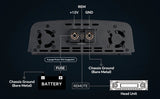 Audiopipe amplifier power-wiring diagram showing the fused battery-positive feed, chassis ground and head-unit remote connection