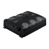 Angled front view of an Audiopipe amplifier with silver mesh vents and an input-control panel