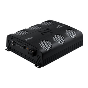 Angled front view of an Audiopipe amplifier with silver mesh vents and an input-control panel