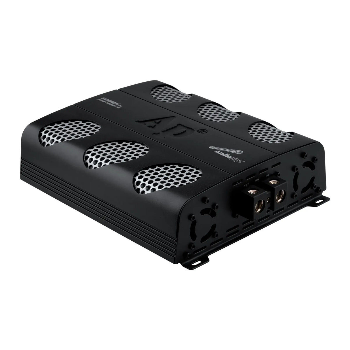 Rear angled view of an Audiopipe amplifier showing its power terminals and twin fan openings