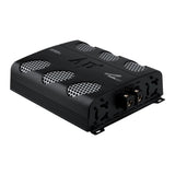 Rear angled view of an Audiopipe amplifier showing its power terminals and twin fan openings