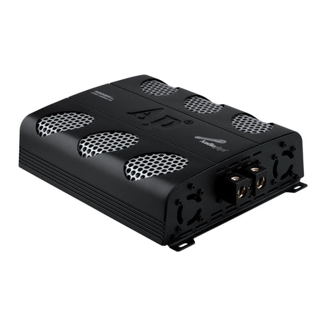 Rear angled view of an Audiopipe amplifier showing its power terminals and twin fan openings