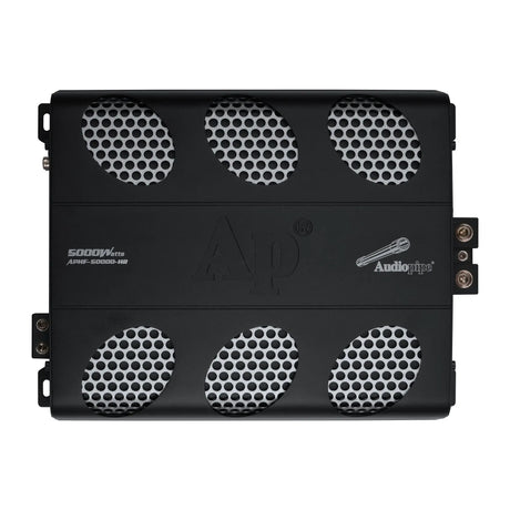 Top view of an Audiopipe APHF-5000D-H2 amplifier with six silver mesh vent panels
