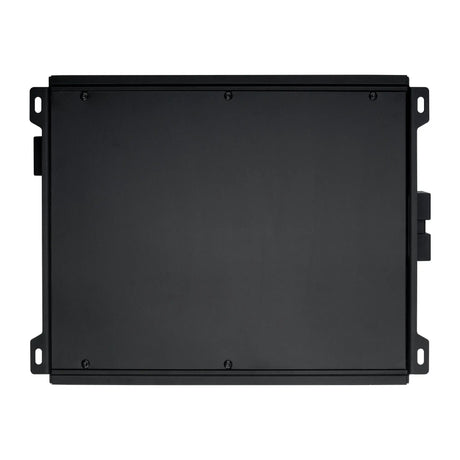 Underside of a black amplifier showing its flat cover plate and mounting tabs