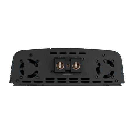 Audiopipe amplifier power-input end panel with three terminals and twin fan openings