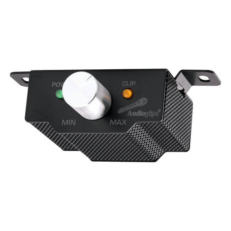 Audiopipe remote level knob with power and clip indicator lights and slotted mounting tabs