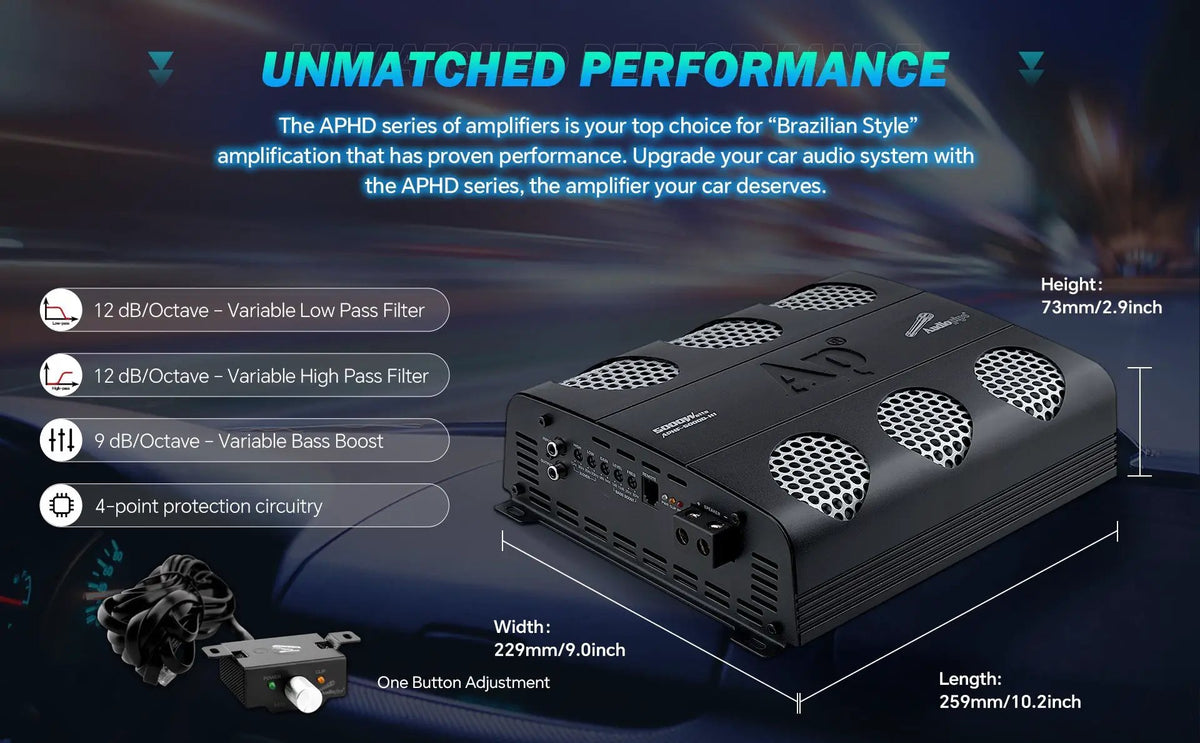 APHF amplifier feature graphic with 259 × 229 × 73 mm dimensions, crossover controls, protection and bass remote