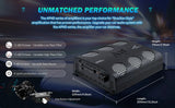 APHF amplifier feature graphic with 259 × 229 × 73 mm dimensions, crossover controls, protection and bass remote
