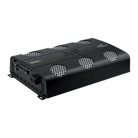 Angled Audiopipe APHF-8000D-H1 amplifier showing mesh vents and its control end