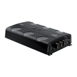 Angled view of a black Audiopipe amplifier with silver mesh vents and large power terminals