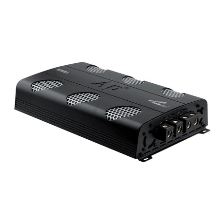 Angled view of a black Audiopipe amplifier with silver mesh vents and large power terminals