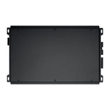Bottom view of a black amplifier with a plain rectangular metal cover and side mounting tabs