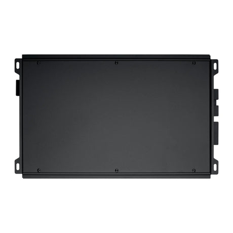 Bottom view of a black amplifier with a plain rectangular metal cover and side mounting tabs