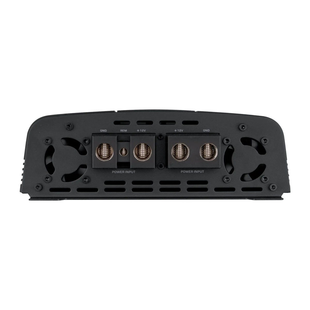 Amplifier power-input panel with two cooling fans and paired terminal blocks
