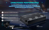 Audiopipe amplifier graphic showing 13.7 by 9 by 2.9-inch dimensions, adjustable filters, bass boost and protection circuitry