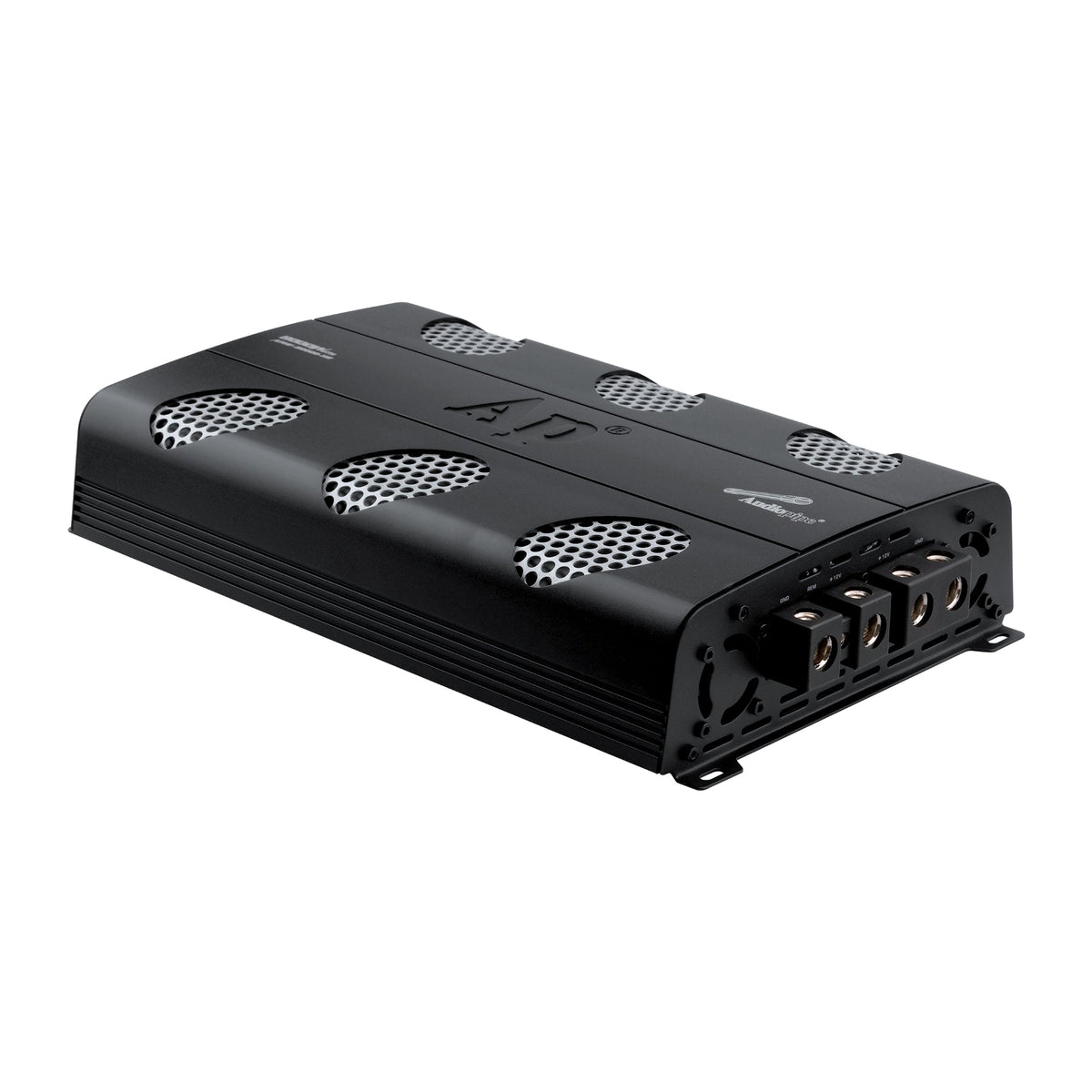 Angled view of a black Audiopipe amplifier with silver mesh vents and large power terminals