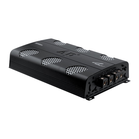 Angled view of a black Audiopipe amplifier with silver mesh vents and large power terminals