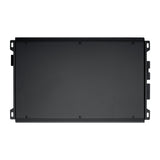 Bottom view of a black amplifier with a plain rectangular metal cover and side mounting tabs